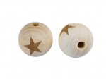 2 x Engraved Round Wood Bead 14mm - Star 